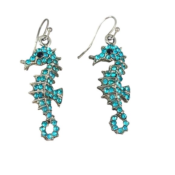 Vintage Seahorse Earrings With Aqua Rhinestones - Picture 8 of 8